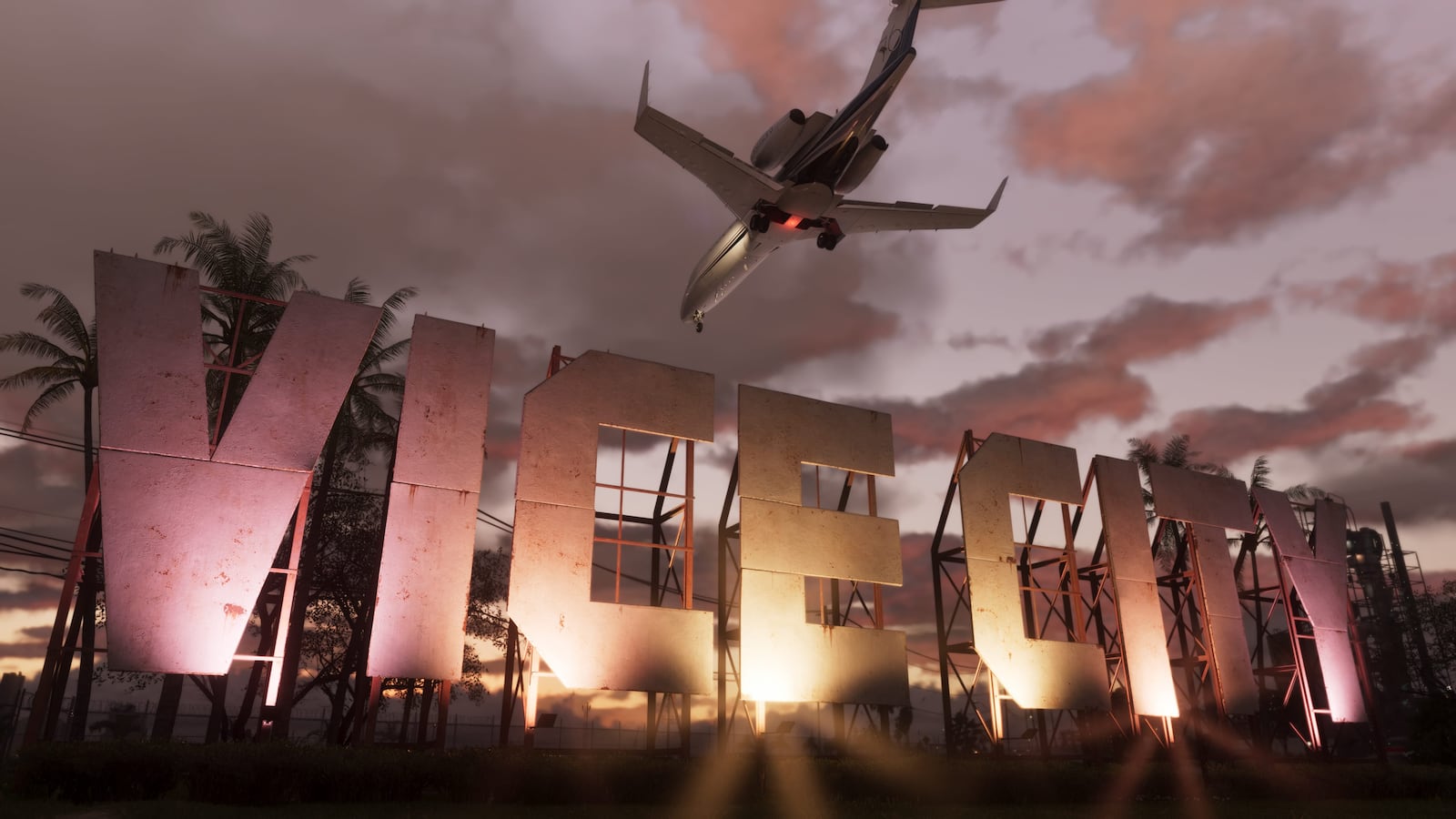 喷气式飞机掠过巨大 VICE 地标与粉色天际线的 GTA VI 官方截图