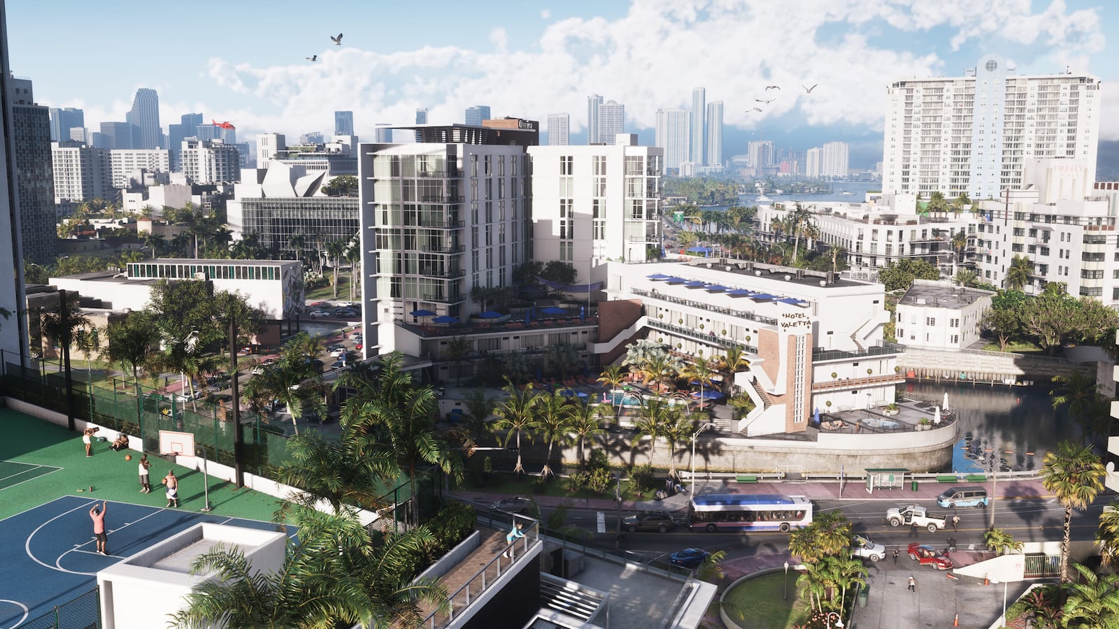 白天俯瞰 Vice City 市区与水道的 GTA VI 官方截图